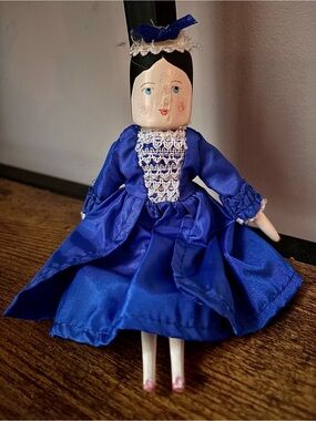 American Girl Royal Blue Satin Dress Wooden Doll with White Lace